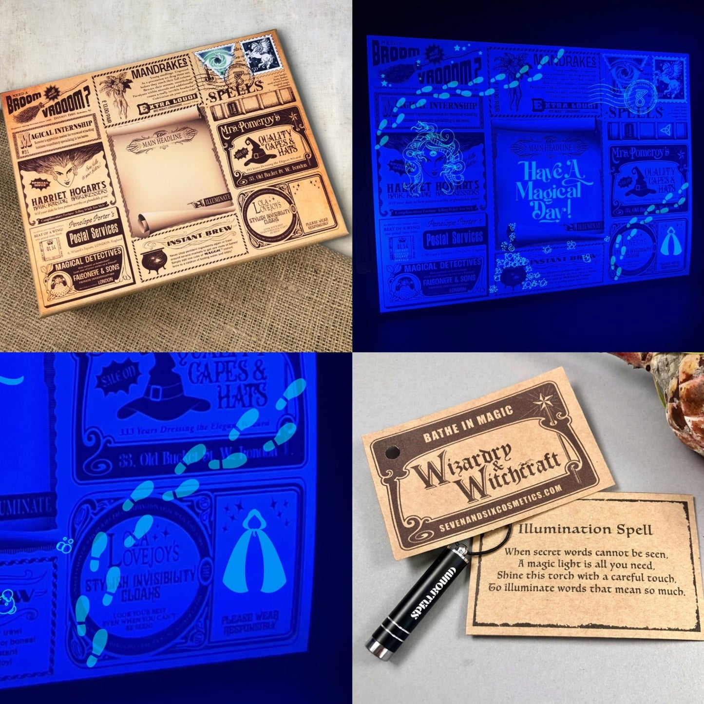 Invisible ink personalization on a wizard and witch-themed gift box with a magical glow from a wand