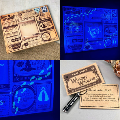 Invisible ink personalization on a wizard and witch-themed gift box with a magical glow from a wand