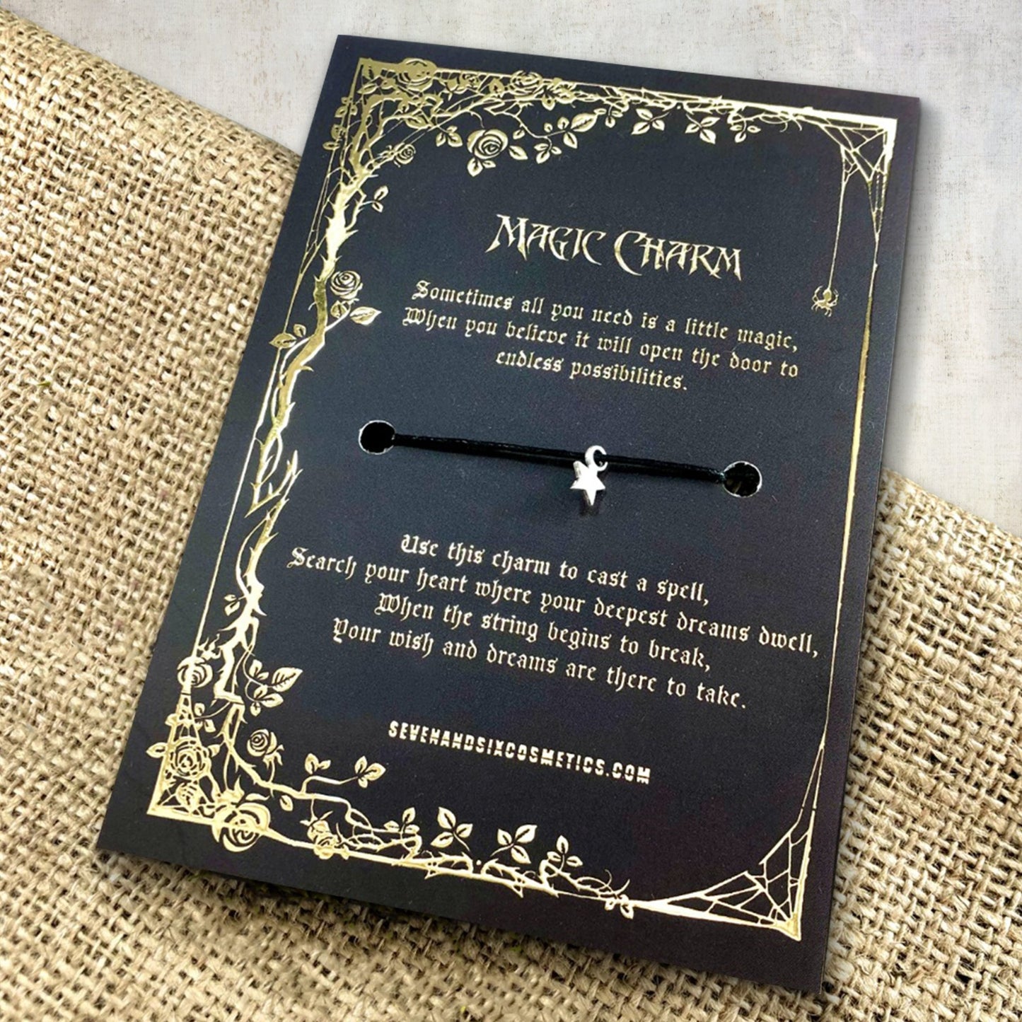 Magical gold foil charm with spell card and wish bracelet for witches and wizards 