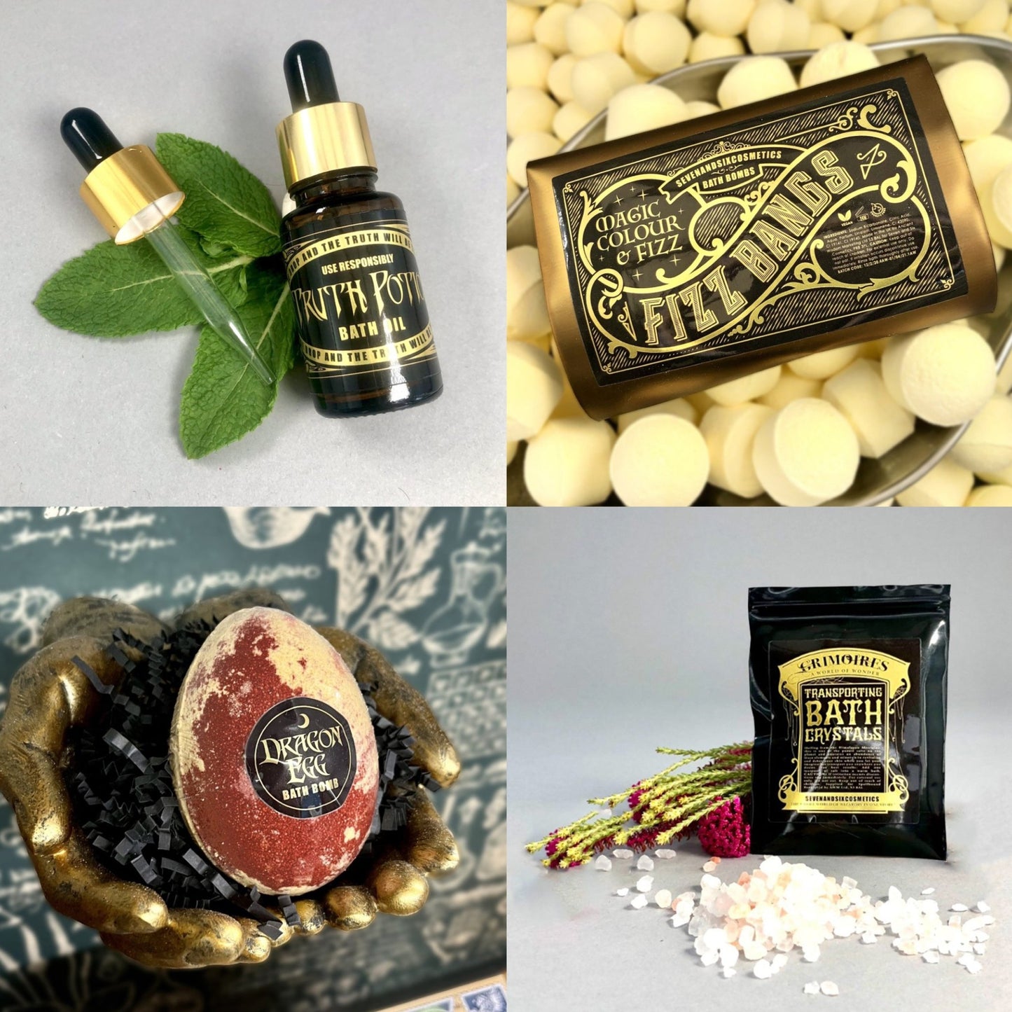 Arrangement of magical items for wizards and witches, including fizz bang bath bombs and truth potion bath oil