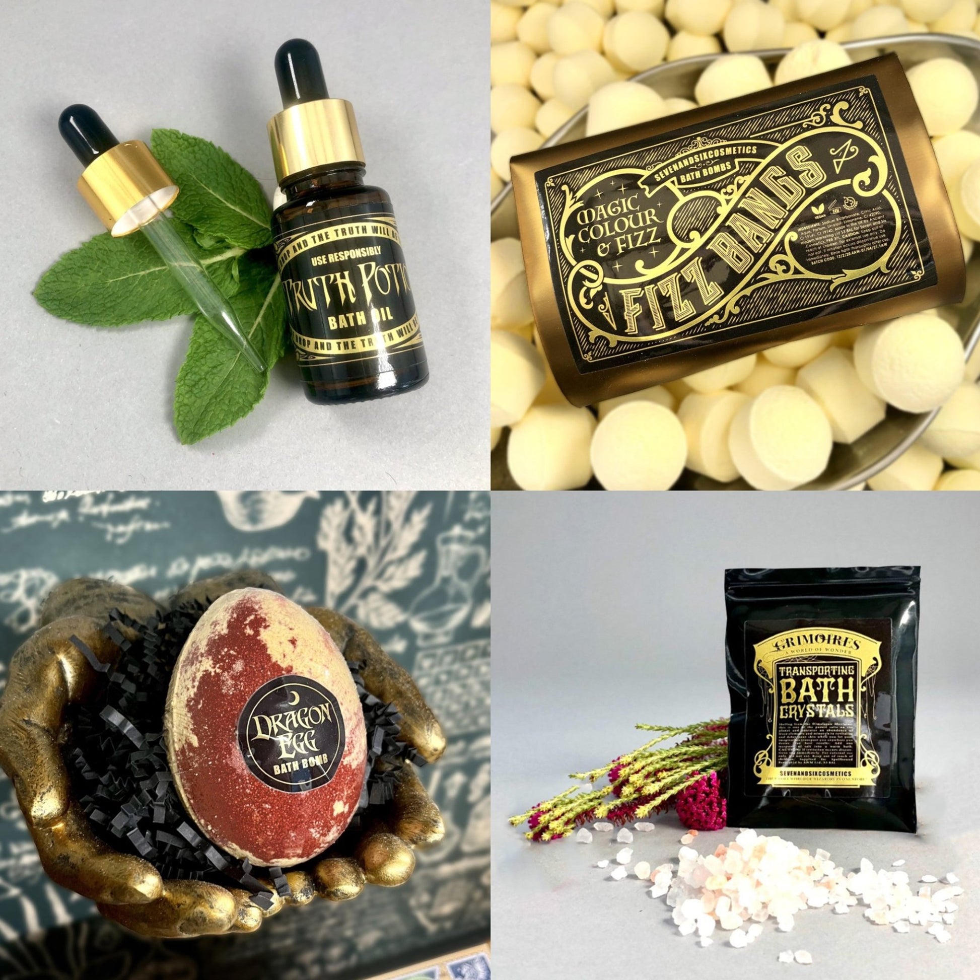 Arrangement of magical items for wizards and witches, including fizz bang bath bombs and truth potion bath oil