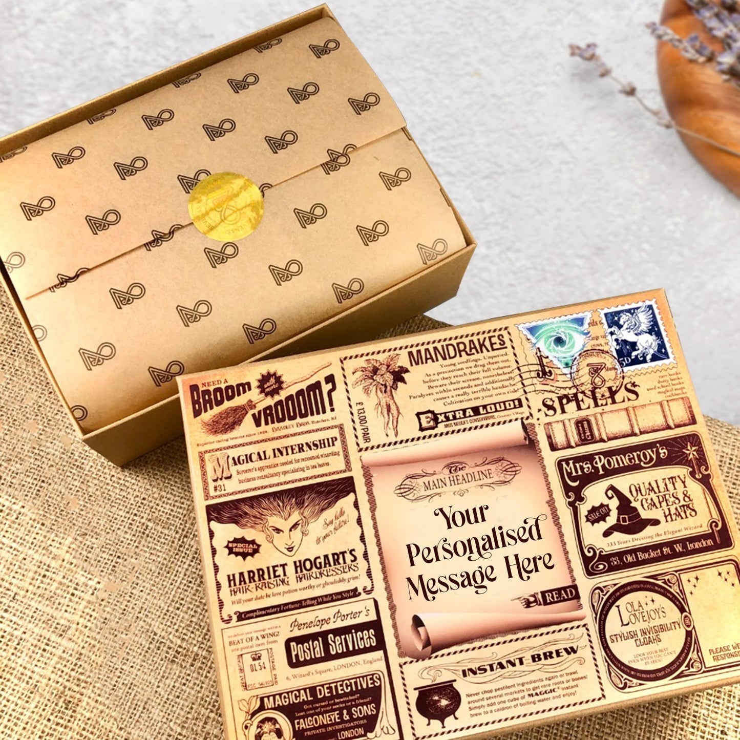 Magical newspaper personalised gift set with birthday and special message for witches and wizards 