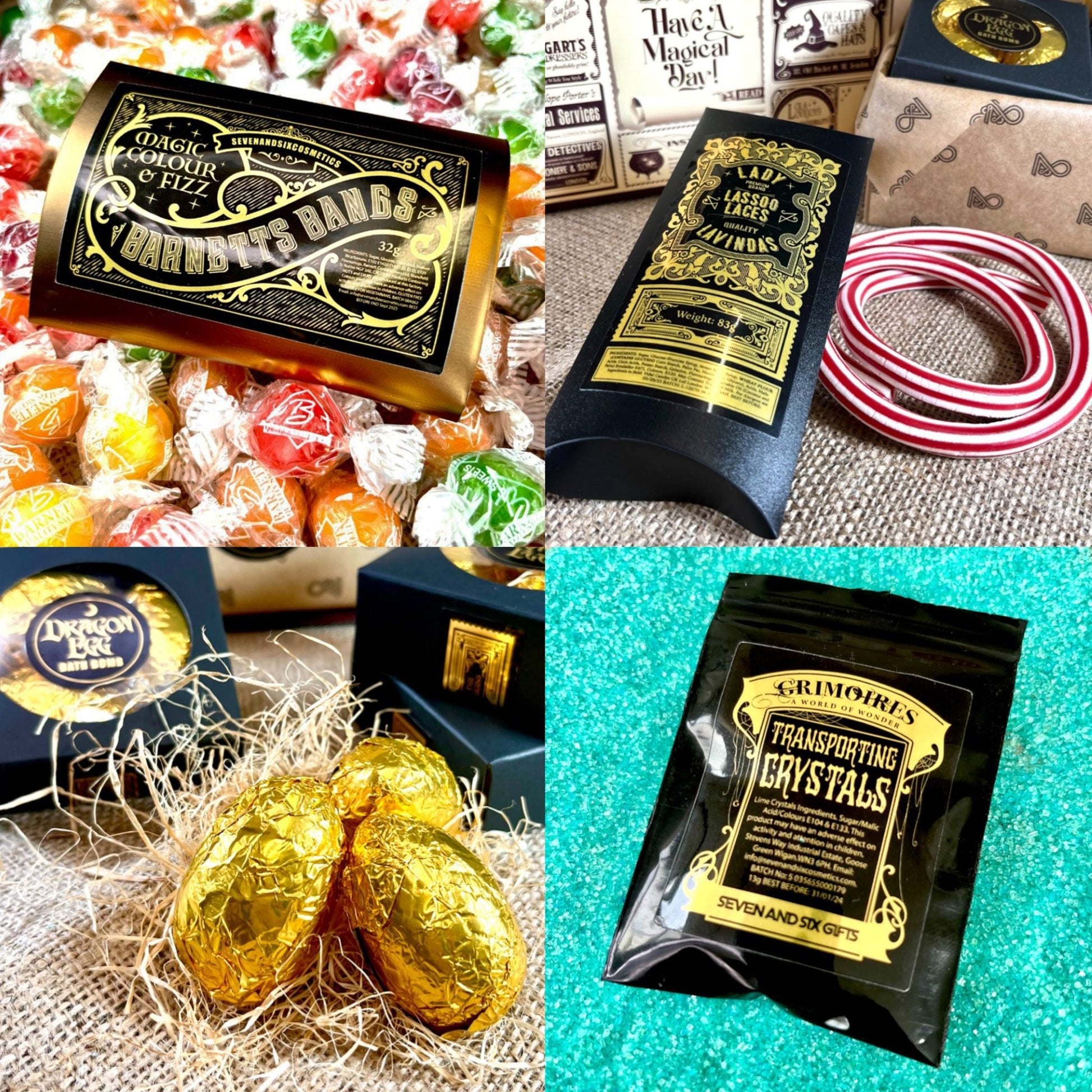 Arrangement of magical sweets, chocolates, and treats for witches and wizards in traditional gold foil packaging, perfect for a magical gift