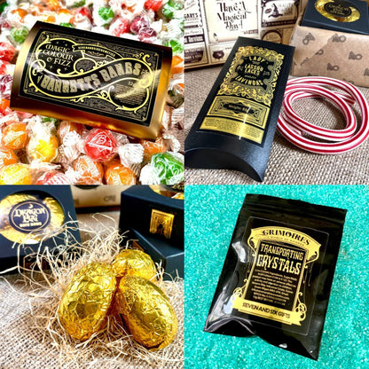 Arrangement of magical sweets, chocolates, and treats for witches and wizards in traditional gold foil packaging, perfect for a magical gift