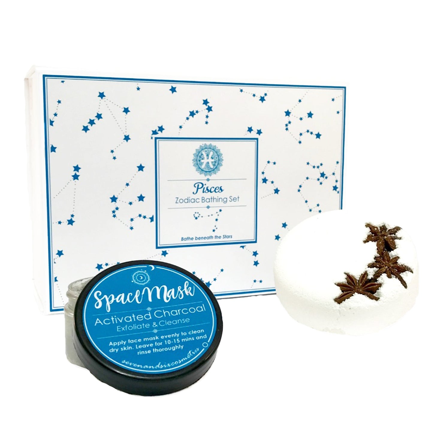 Star sign-themed pamper set featuring a bath fizzer and face mask, styled for a relaxing and luxurious self-care experience.