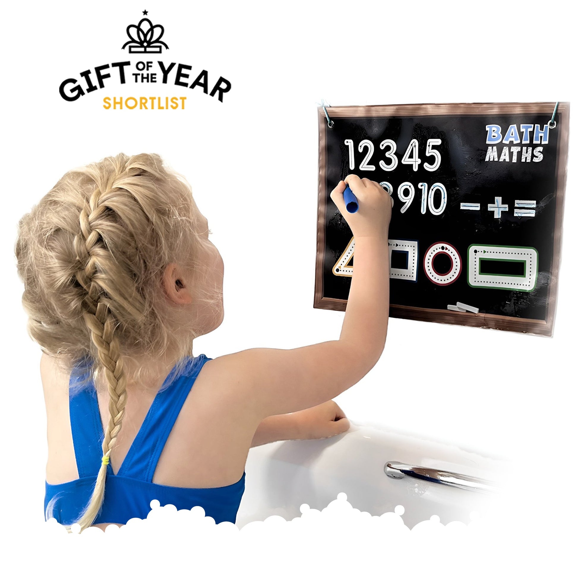Child practising numbers with Bath Maths educational bath toys, shortlisted for Gift of the Year, interactive bath time learning.