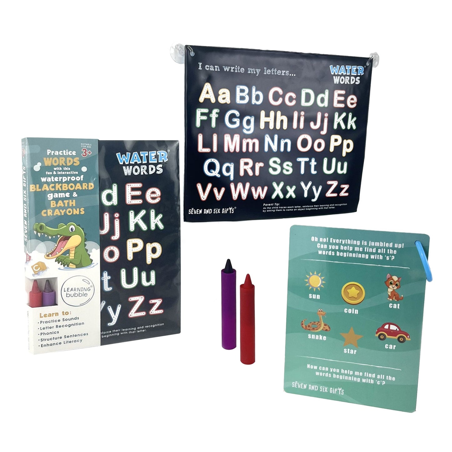 Water Words educational bath toys with letter games, phonics flashcards, and alphabet bath crayons for interactive learning in the bath.