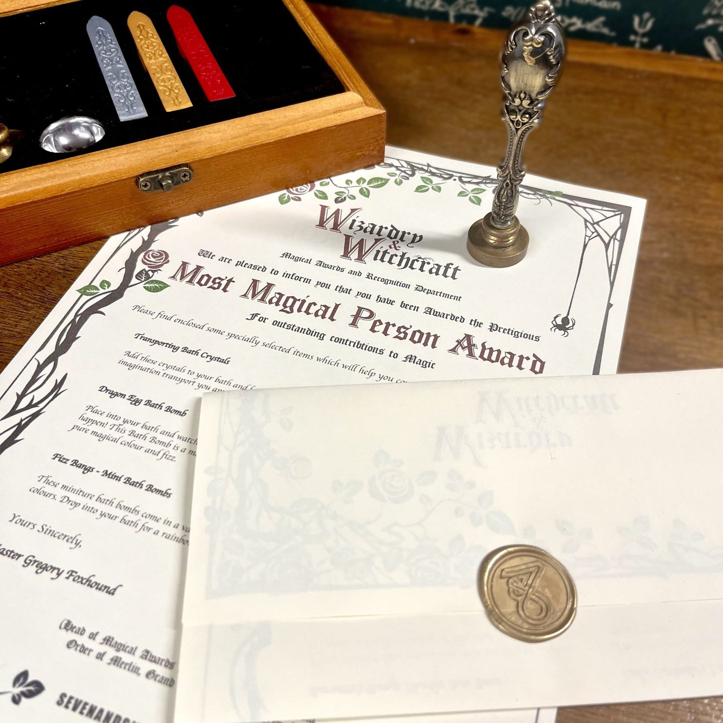 Witchcraft and Wizardry acceptance letter scroll with traditional wax seal and stamp