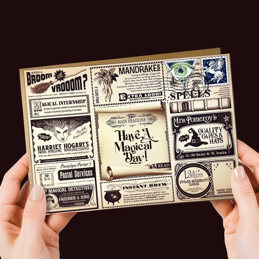Front view of the Wizard & Witchy Birthday Greeting Card featuring vintage wizard design and magical newspaper-style artwork