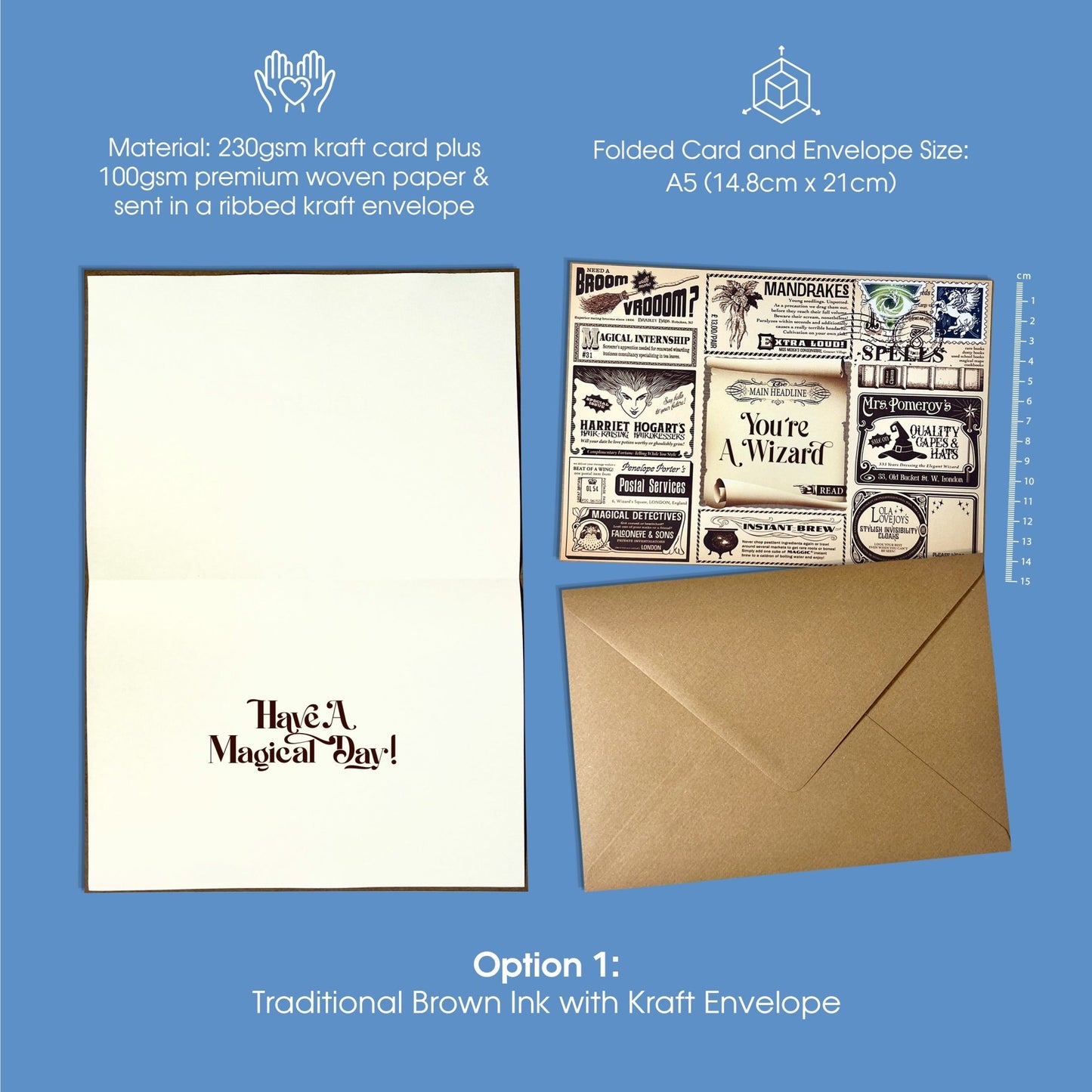 You’re a wizard card for a magical man with a wizard newspaper design and a traditional Kraft envelope