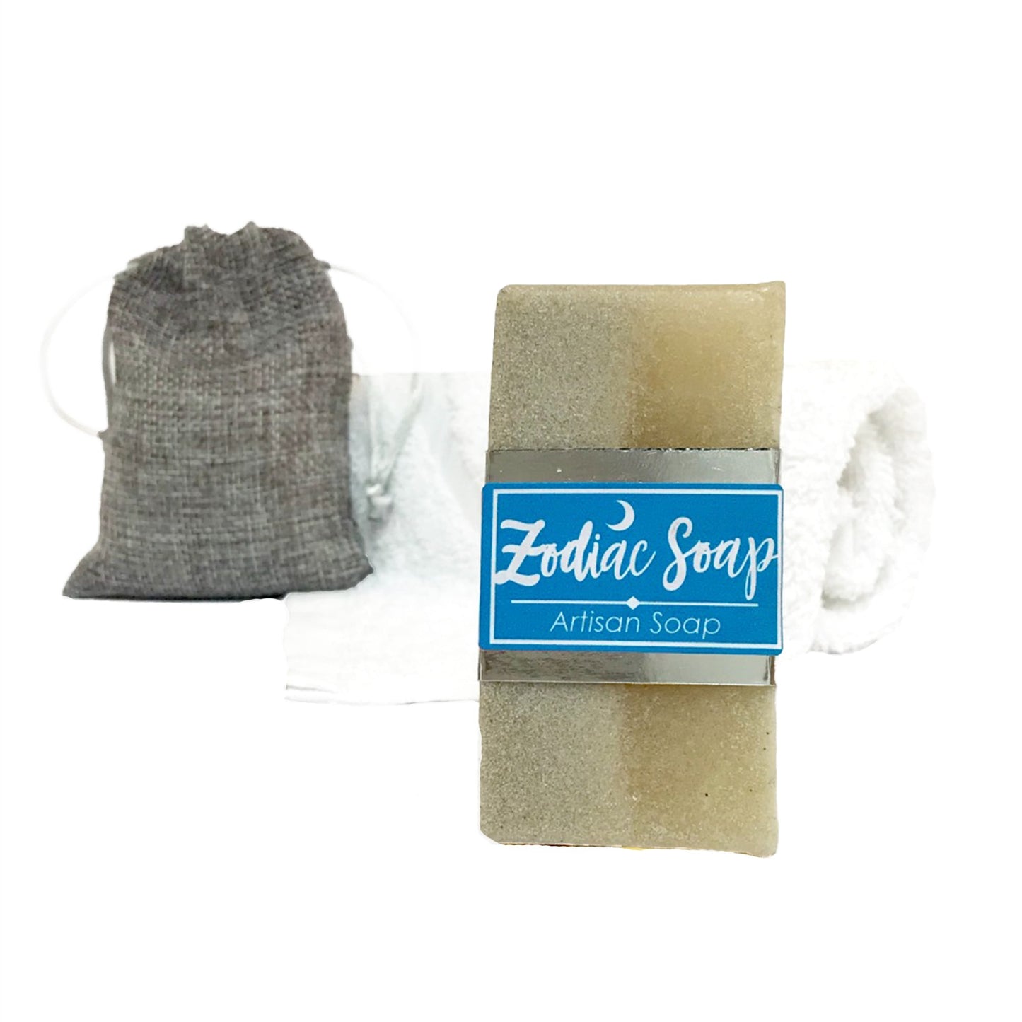 Zodiac-themed handmade artisan soap with a white towel and bath salts, styled for a luxurious at-home spa experience