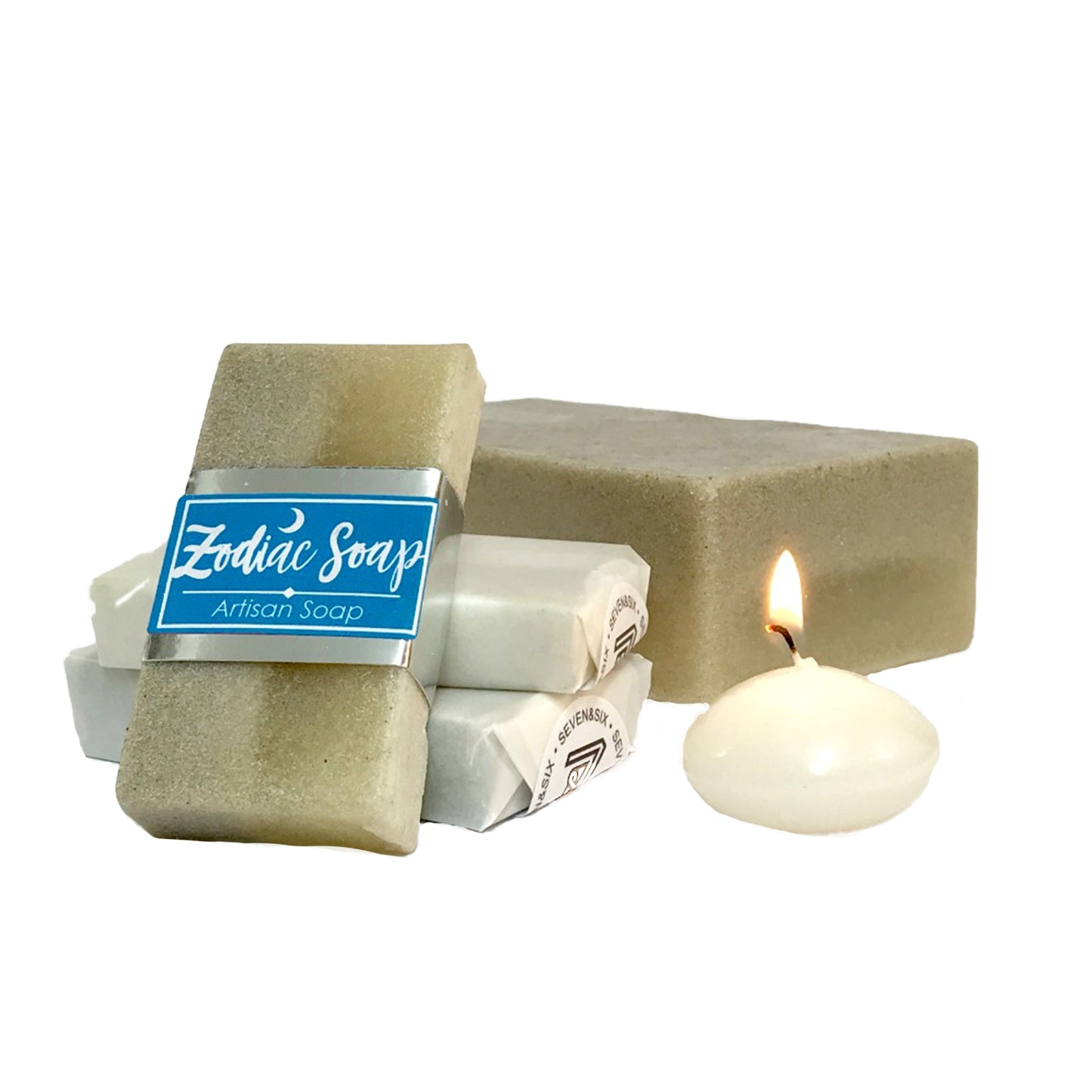 Zodiac-themed handmade artisan soap paired with a scented candle, styled for a luxurious and relaxing self-care experience