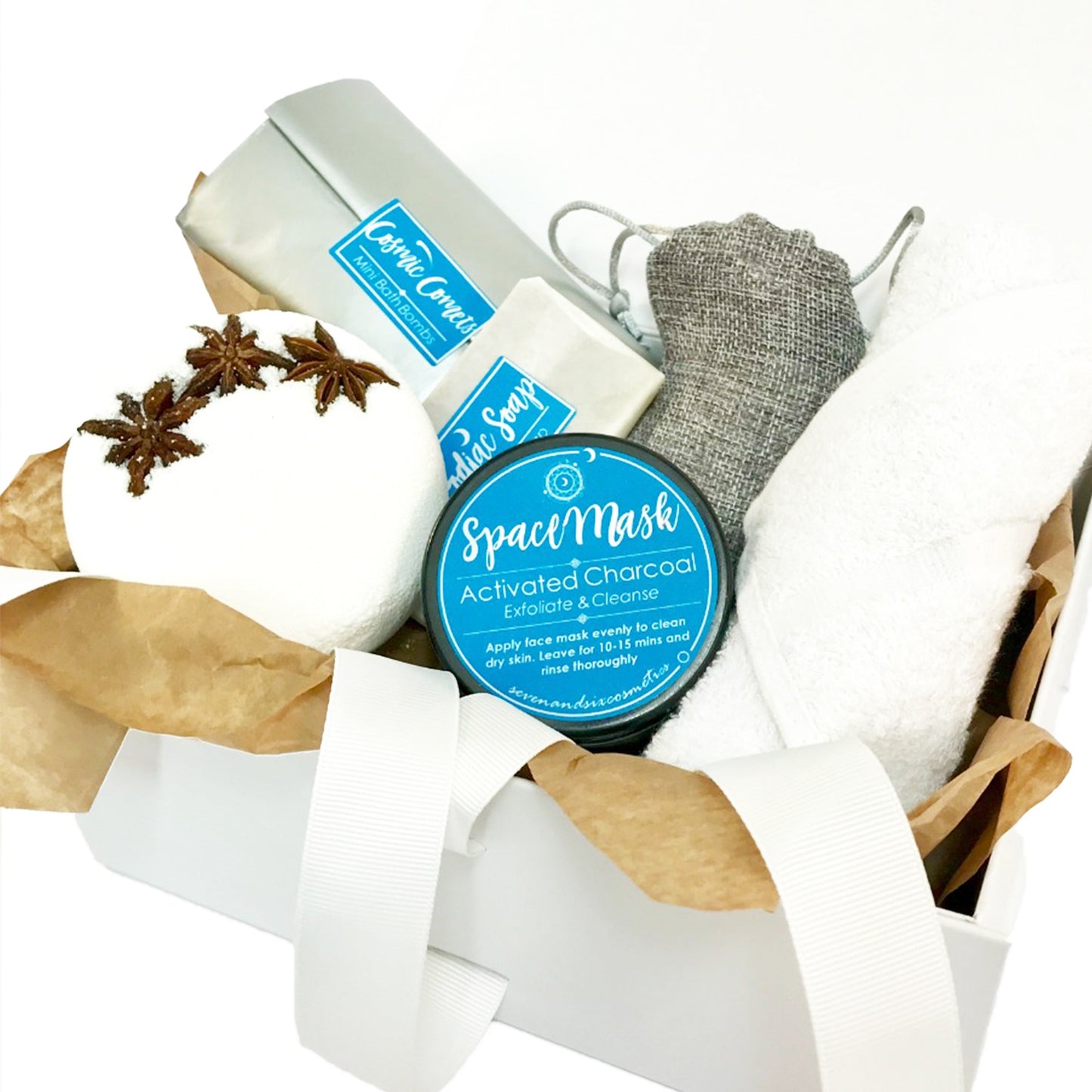 Zodiac horoscope gift set for a luxurious spa experience, featuring bath bombs, handmade soap, and pampering self-care items. 